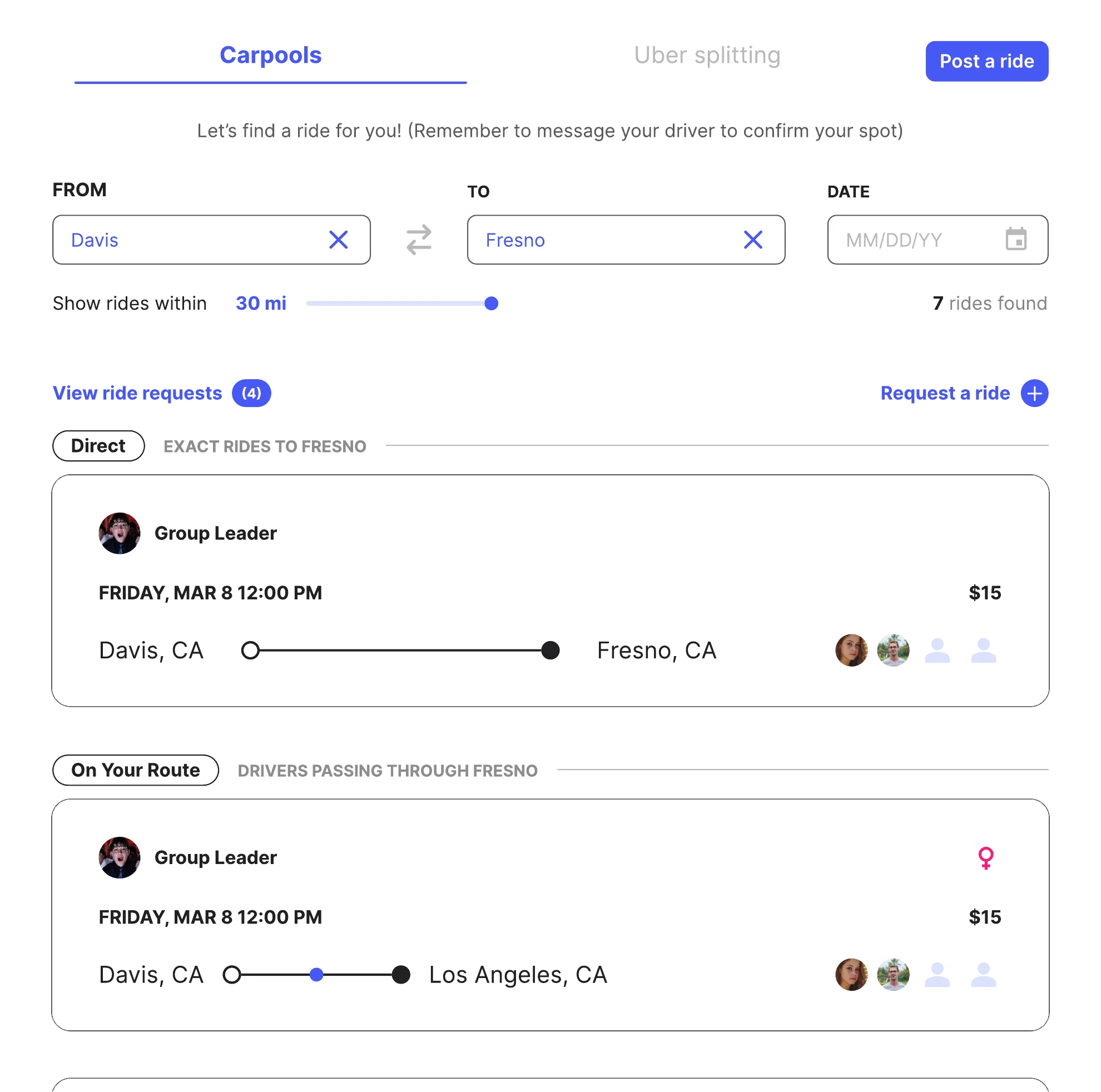 The tiered search results screen for Davis to Fresno, with four new parts pointed out.