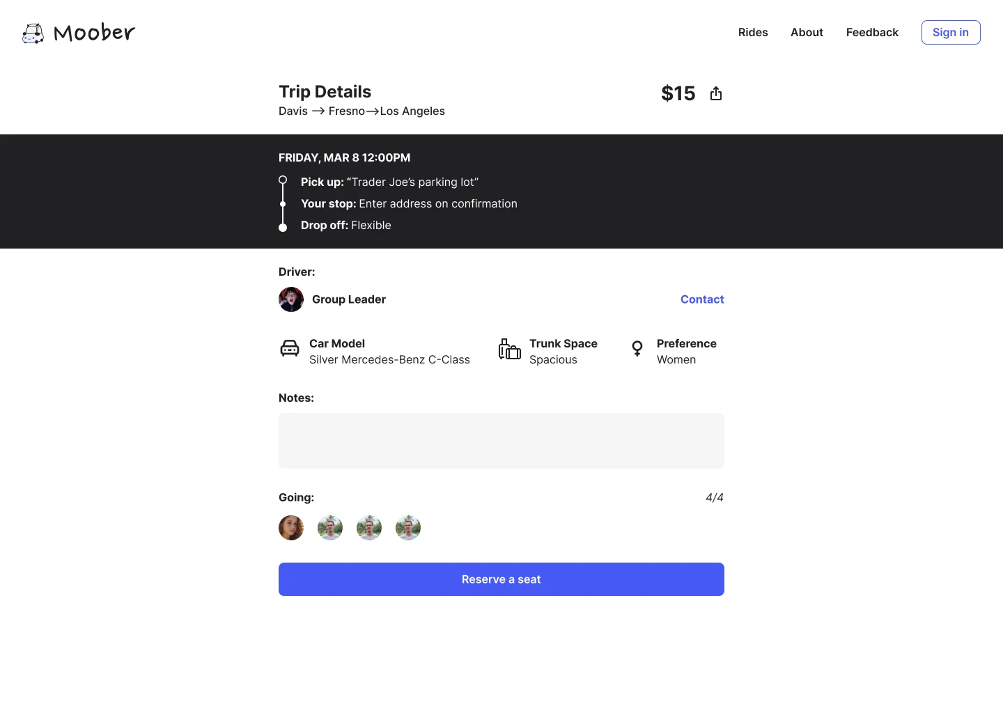 Trip details for a Davis to Los Angeles ride via Fresno: pickup, the rider's stop, and drop-off, with the driver and a Reserve a seat button.