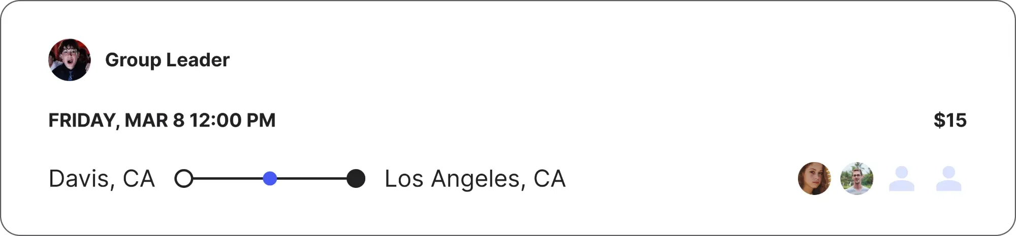 An On your route result: Davis, CA to Los Angeles, CA with a blue stop partway along the route, $15.